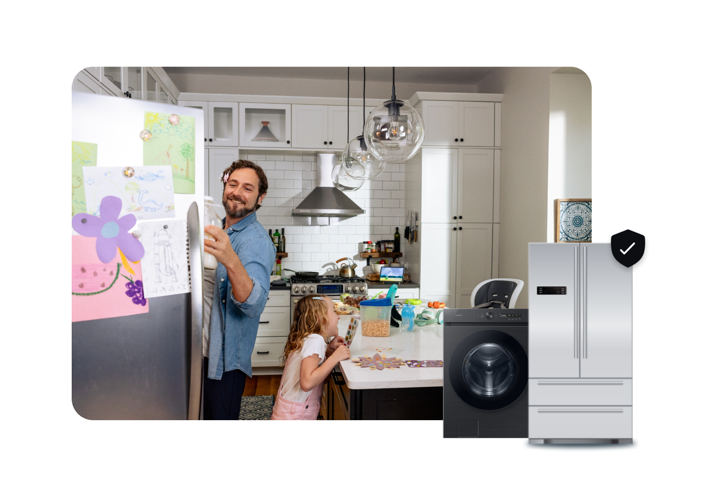 Man smiling with daughter in kitchen