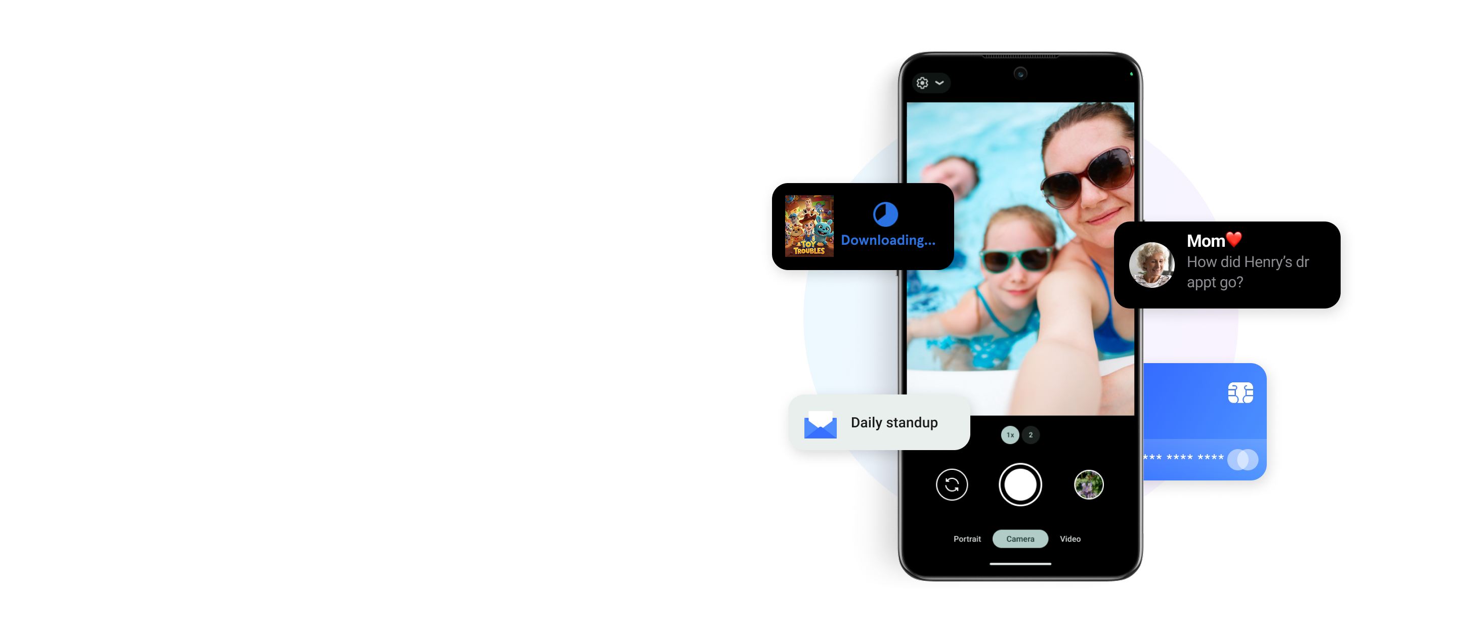 Phone showing family in a pool with notifications showing on the side